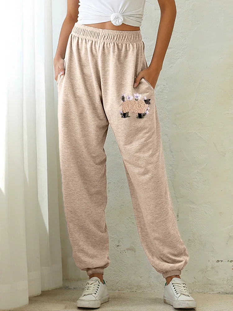 Sheep & Flower Embroidery Casual Sweatpants