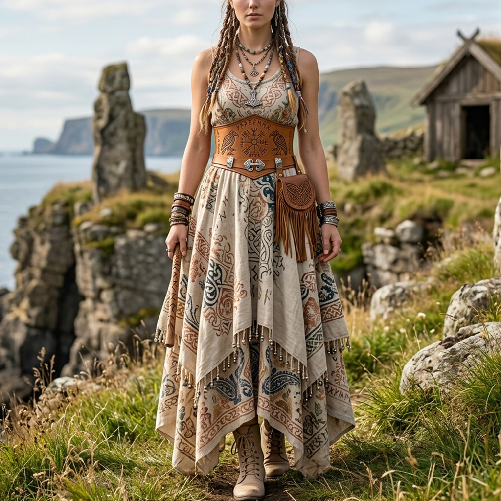 Cotton Linen Viking-Inspired Boho Maxi Dress with Nordic Symbols and Fringed Hem