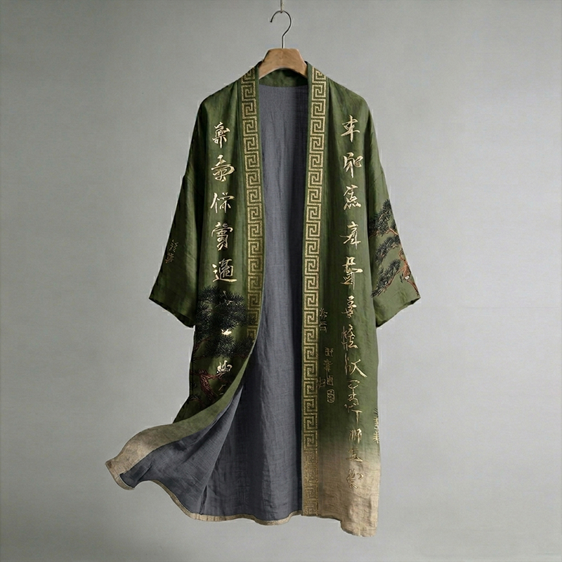 Men's Japanese Pine Tree And Calligraphy Linen Long Kimono  artssus