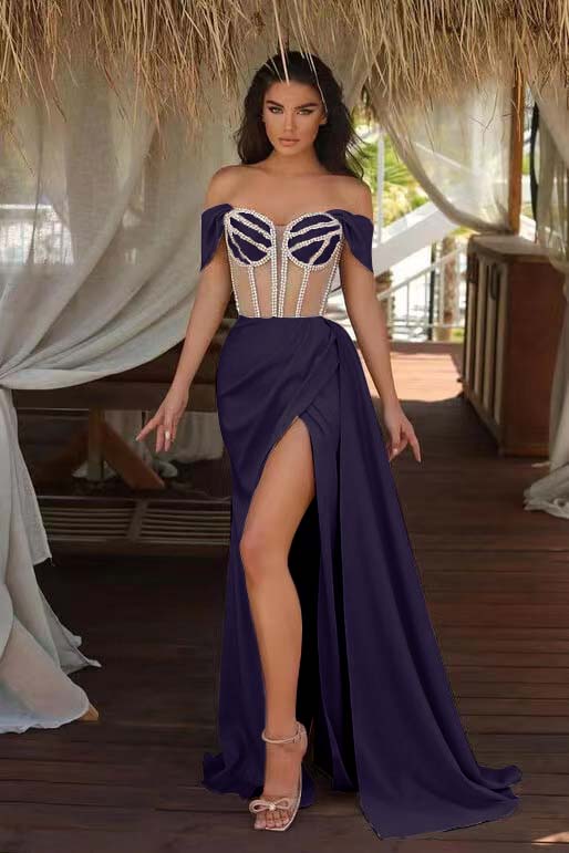 Hidais Champagne Ruffles Mermaid Prom Dress Beadings Split With Off the Shoulder