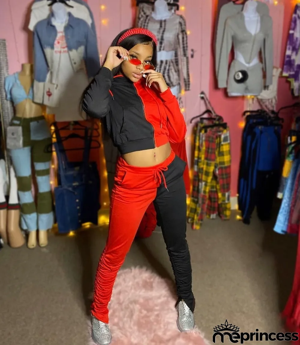 Contrast Color Hooded Stacked Pants 2 Piece Sets