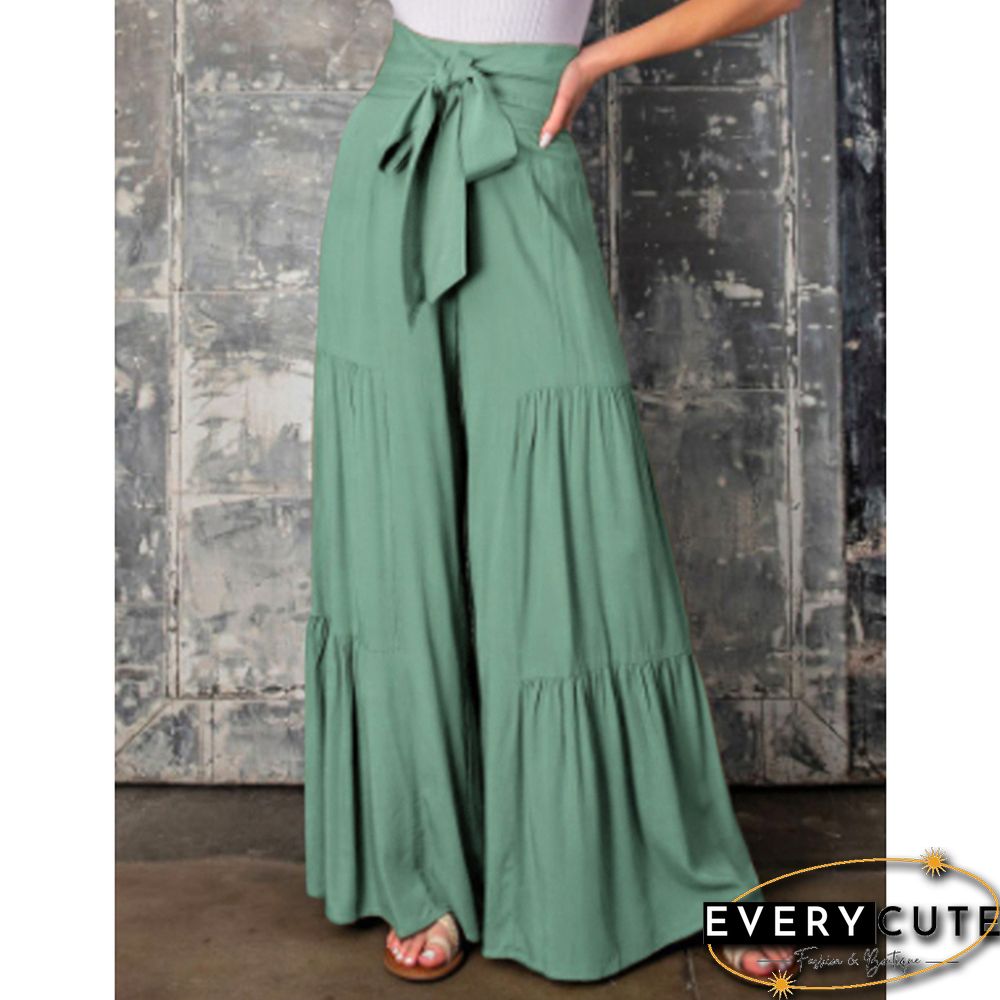 Green Smocked High Waist Palazzo Pants with Tie