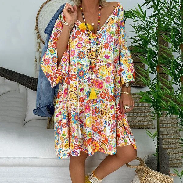 Short Sleeve Printed V Neck Loose Dress