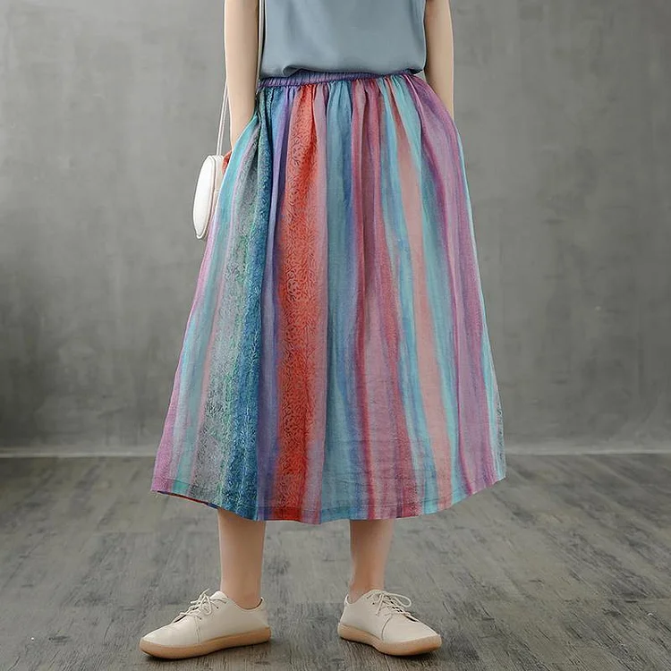 Retro half-length skirt women loose and thin striped midi skirt