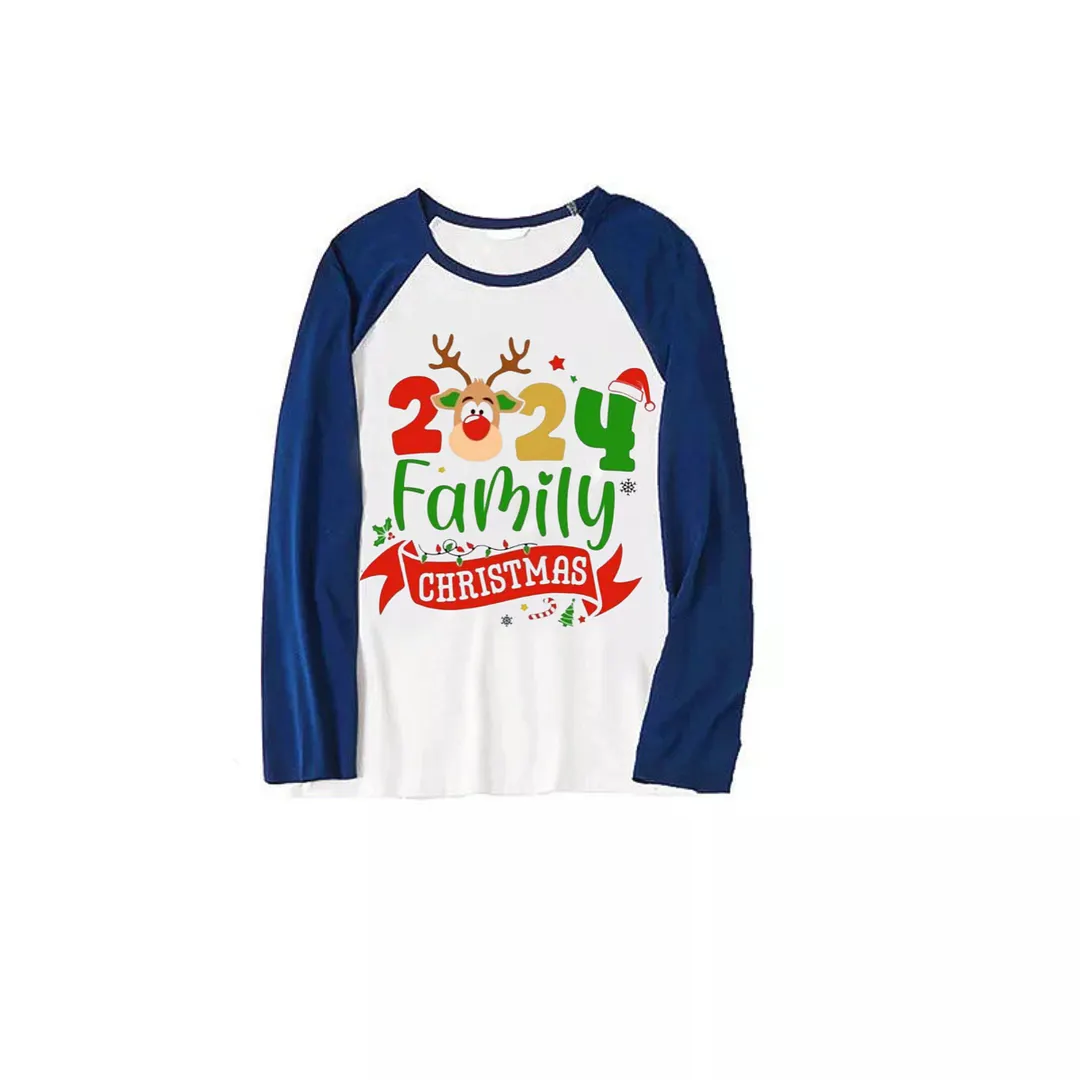 "2024 Family Christmas" Letter and Cute Deer Print Blue & Black Plaid Family Matching Pajamas With Dog