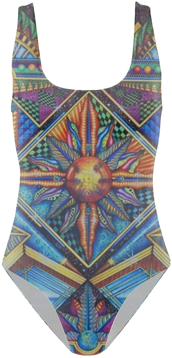 Women’s Athletic One Piece Padded Swimsuit Aztec Geometry Print Bathing Suits