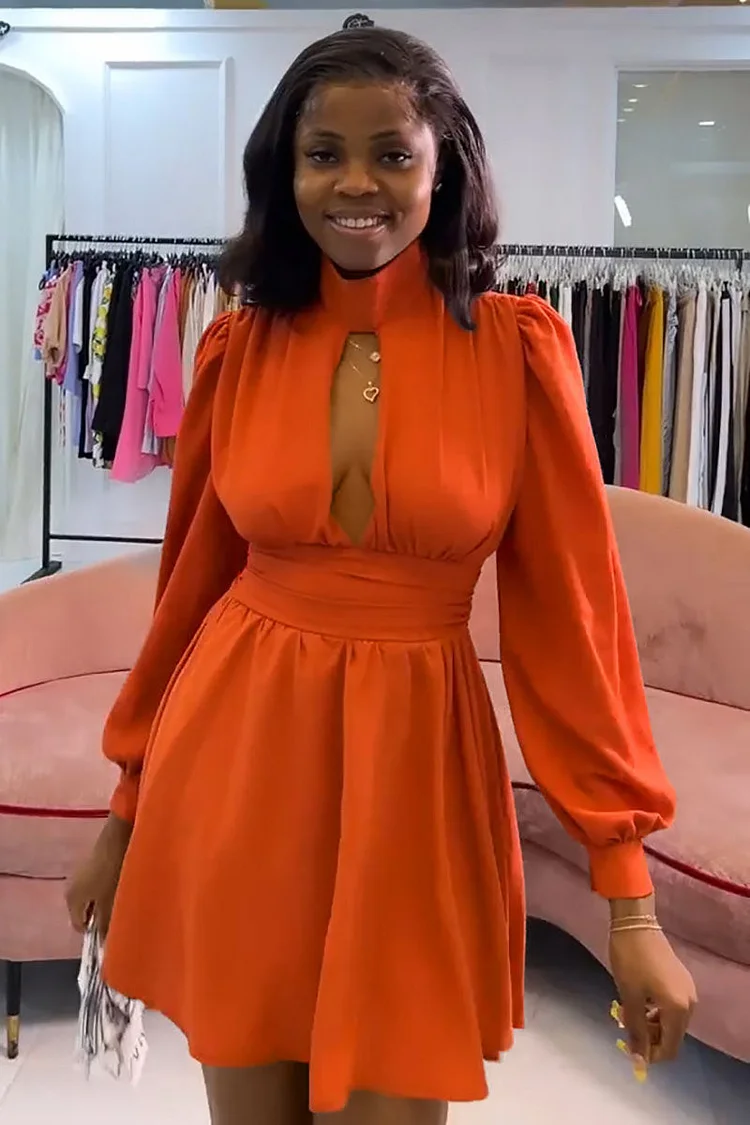 Cut Out Ruched Puff Sleeve Mini Dresses