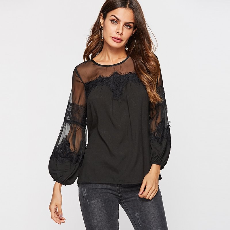 2021 Solid Color Round See-through Lantern Sleeve Casual Loose Top