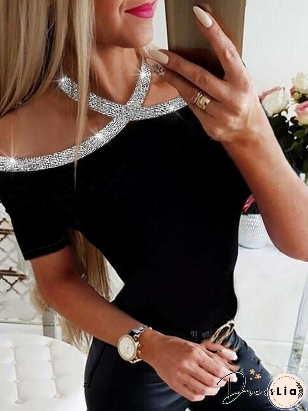 Women's T shirt Solid Colored Round Neck Tops Basic Top Black Wine Royal Blue-830