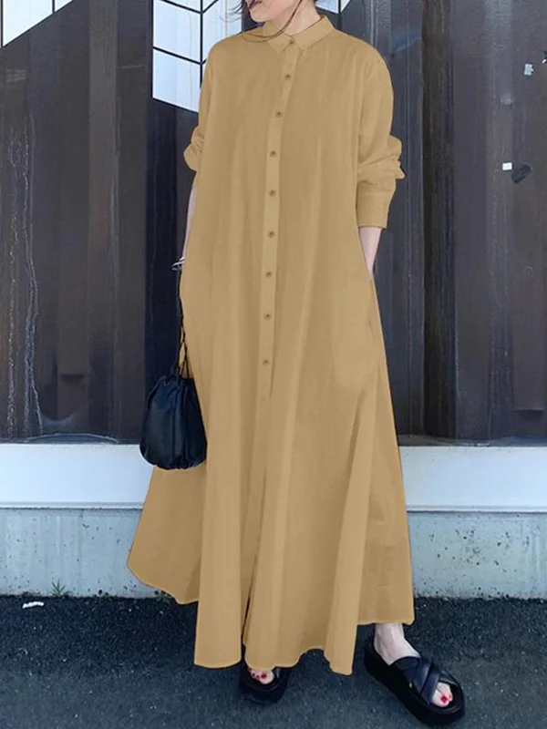 Elegant Long Sleeves Solid Color Lapel Maxi Shirt Dresses