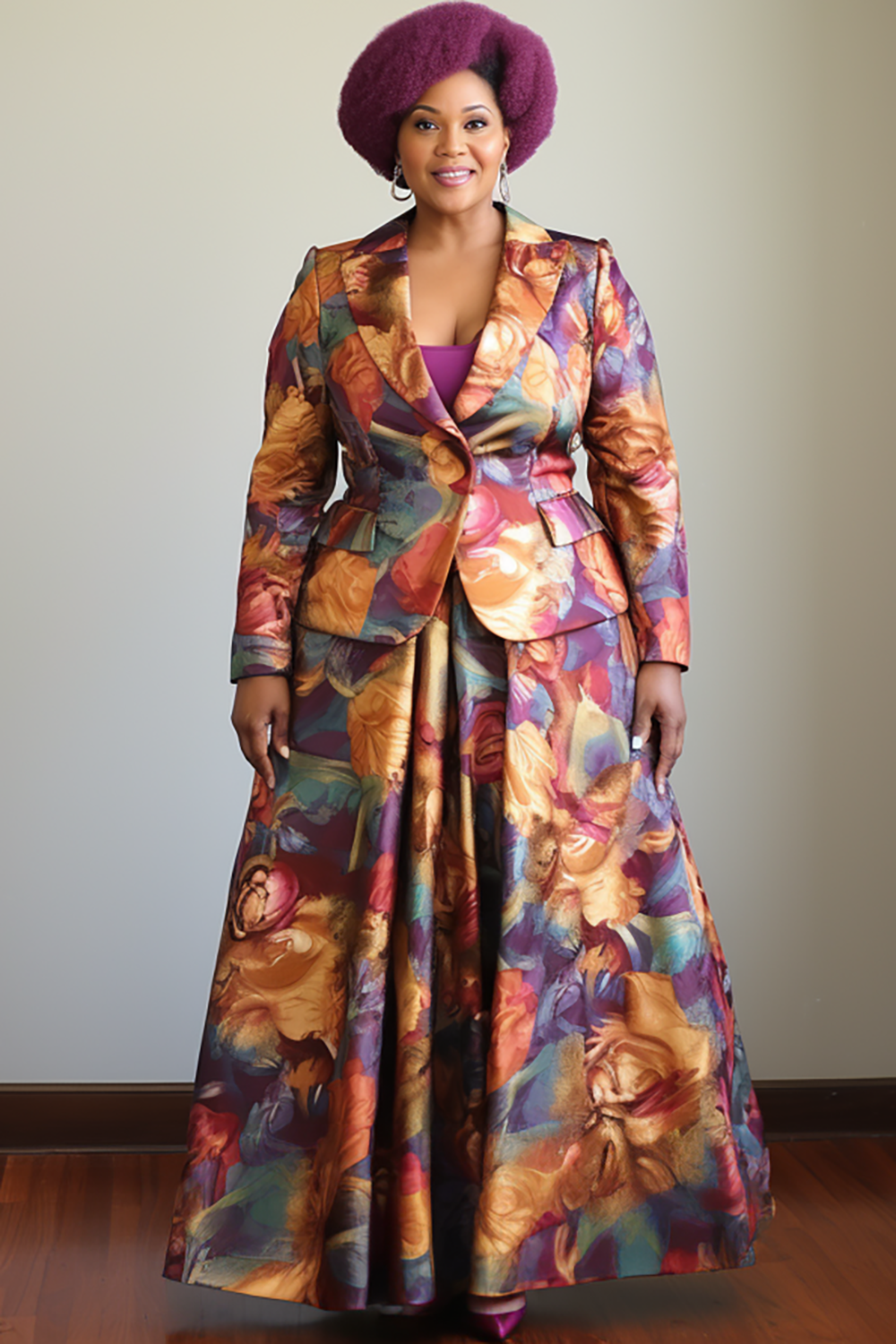 Design Plus Size Mother Of The Bride Elegant Multicolor Floral Turndown Collar Long Sleeve Button Satin Two Piece Skirt Sets [Pre-Order]