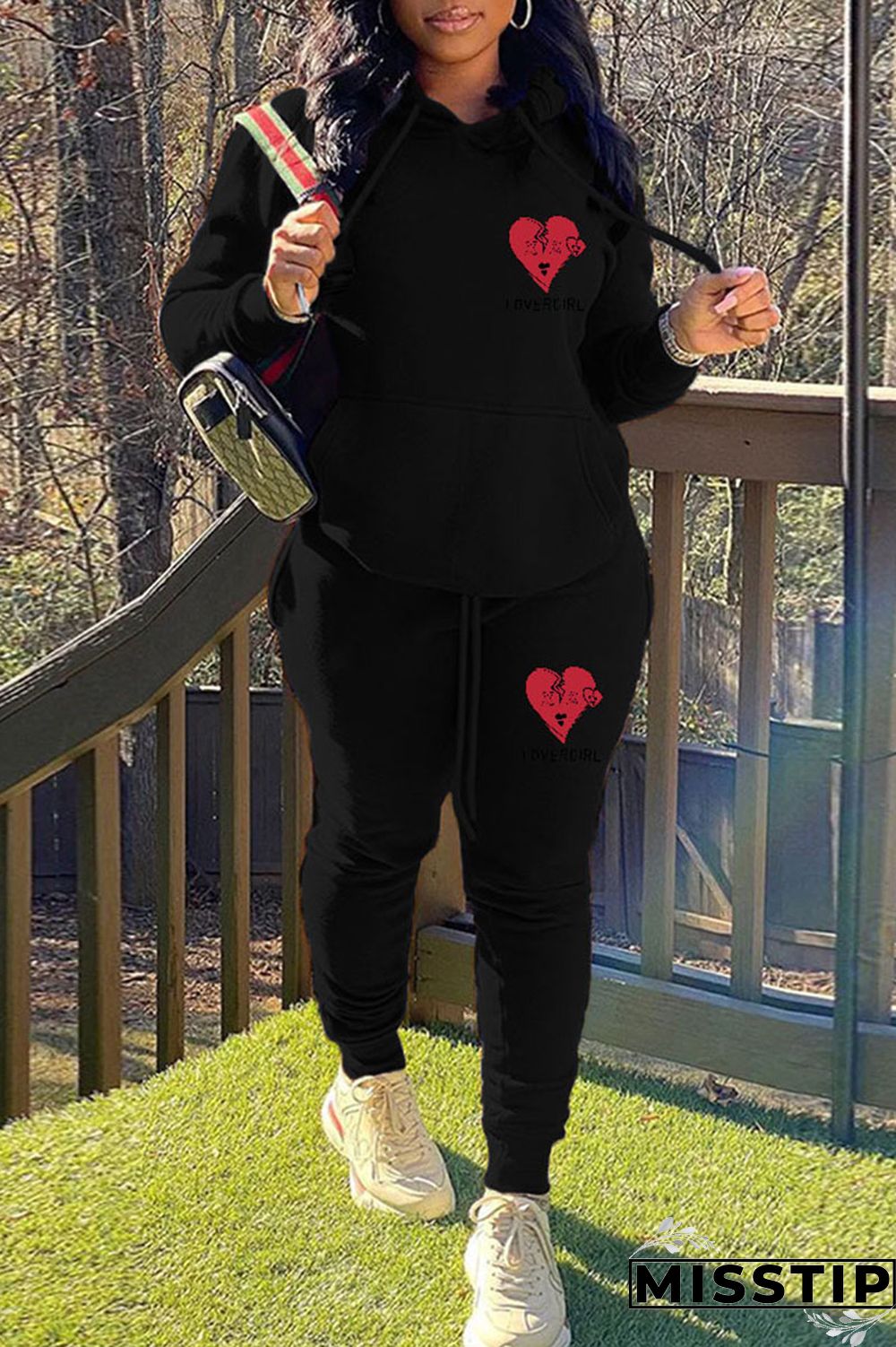 Black Casual Print Patchwork Hooded Collar Long Sleeve Two Pieces