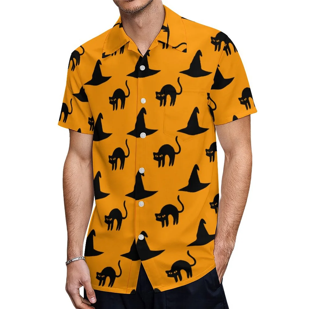 Short Sleeve Halloween Black Cat Witch Hat Hawaiian Shirt Mens Button Down Plus Size Tropical Hawaii Beach Shirts