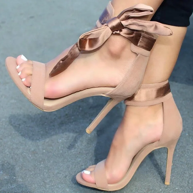 Nude Vegan Suede Stiletto Heel Bow Ankle Strap Sandals |FSJ Shoes