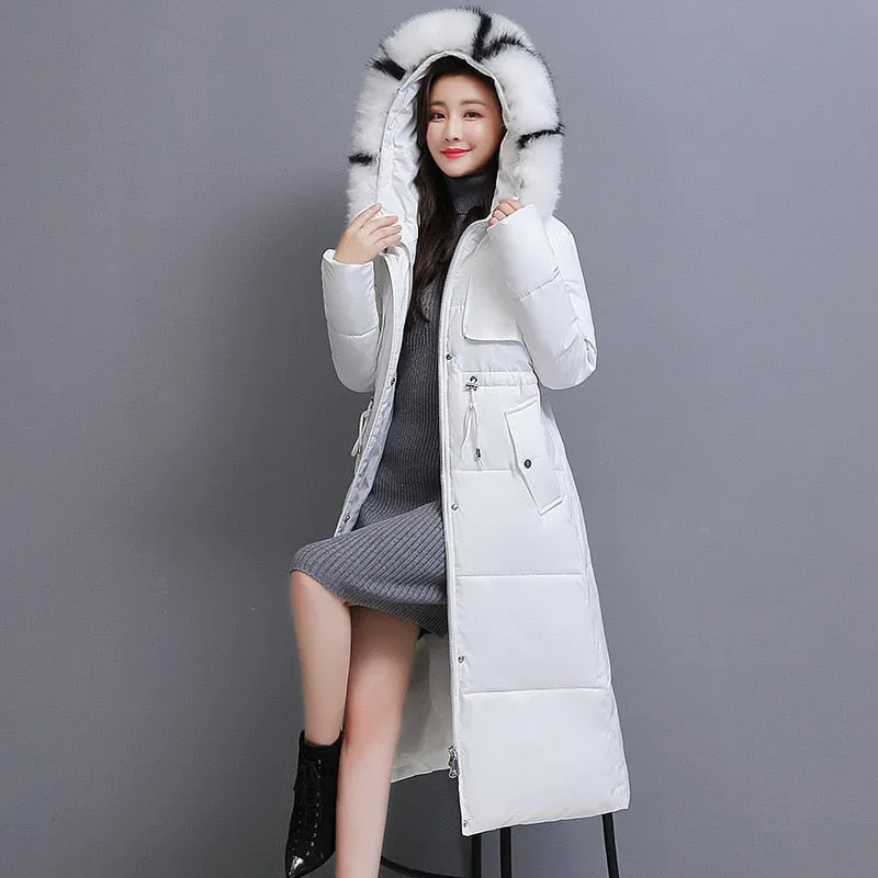 New High quality Over-knee Down Padded Jackets Large Fur collar 2021 Winter Jacket Slim Thick Women's Parka Solid Female Coats