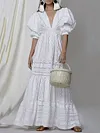Crochet Hollow Puff Sleeves Maxi Dresses