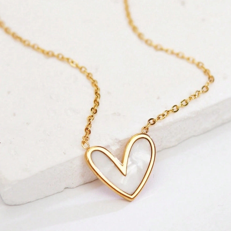 Cute Sweet Asymmetrical Heart Shape 304 Stainless Steel Acrylic 18K Gold Plated Inlay Pendant Necklace