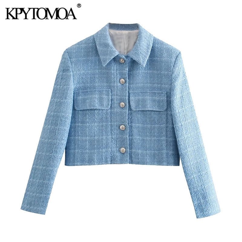 KPYTOMOA Women 2021 Fashion Single Breasted Tweed Cropped Blazer Coat Vintage Long Sleeve Pockets Female Outerwear Chic Veste