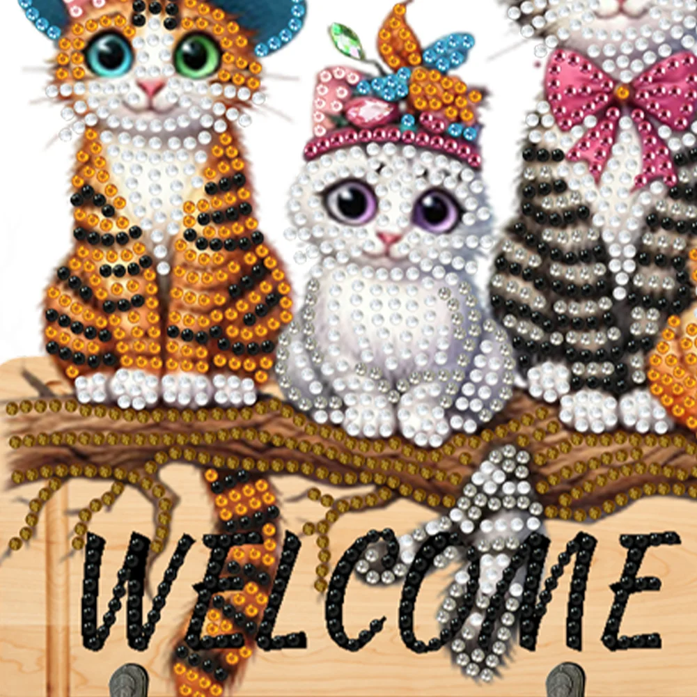 DIY Welcome Home Cat Wooden Special Shape 3 Hooks No Punch Diamond Painting Hook Rail