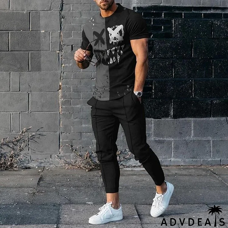 Men Fashion Casual 3D Print Short Sleeve Round Neck T-Shirt Pants Plus Size Sets