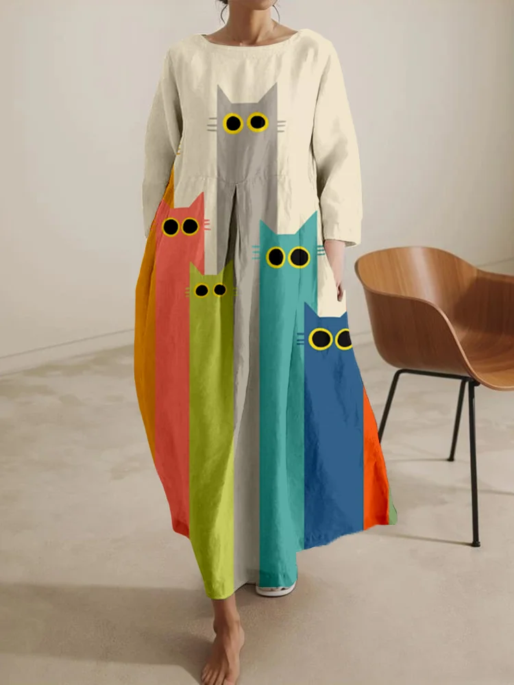 Minimalistic Rainbow Cat Pattern Linen Blend Maxi Dress