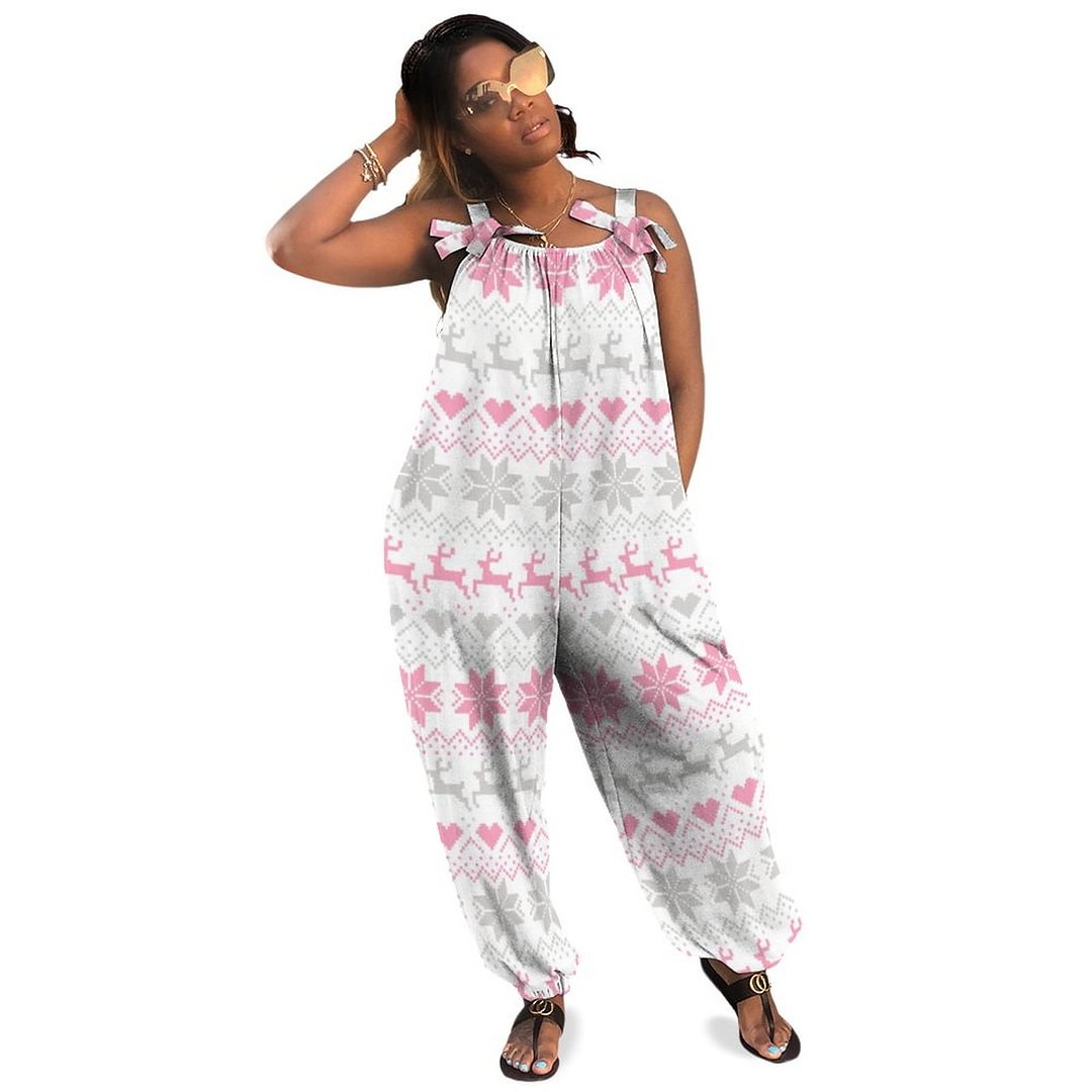 Pink And Grey Fair Isle Boho Vintage Loose Overall Corset Jumpsuit Without Top