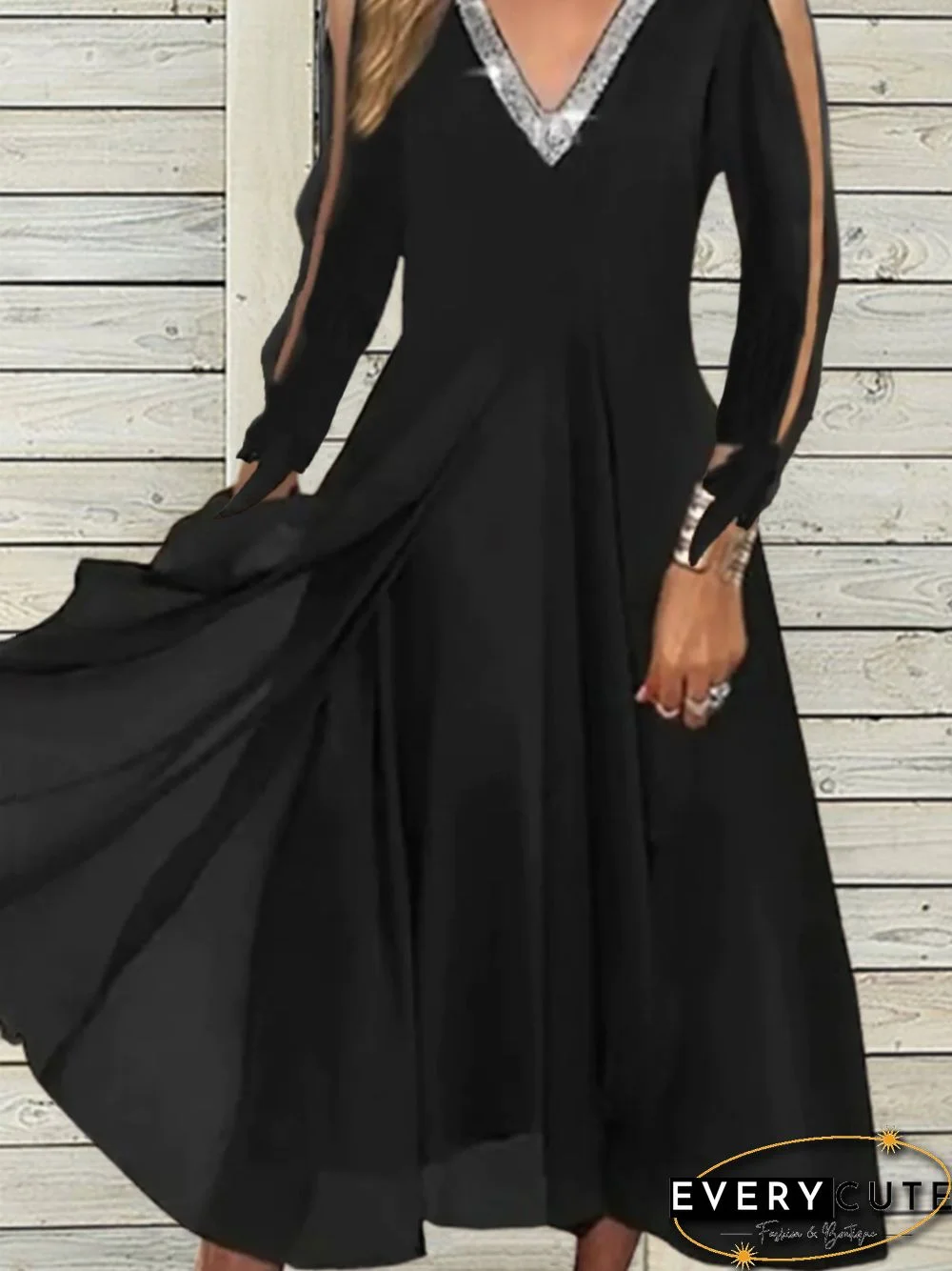 Casual Long Sleeve V Neck Midi Dress