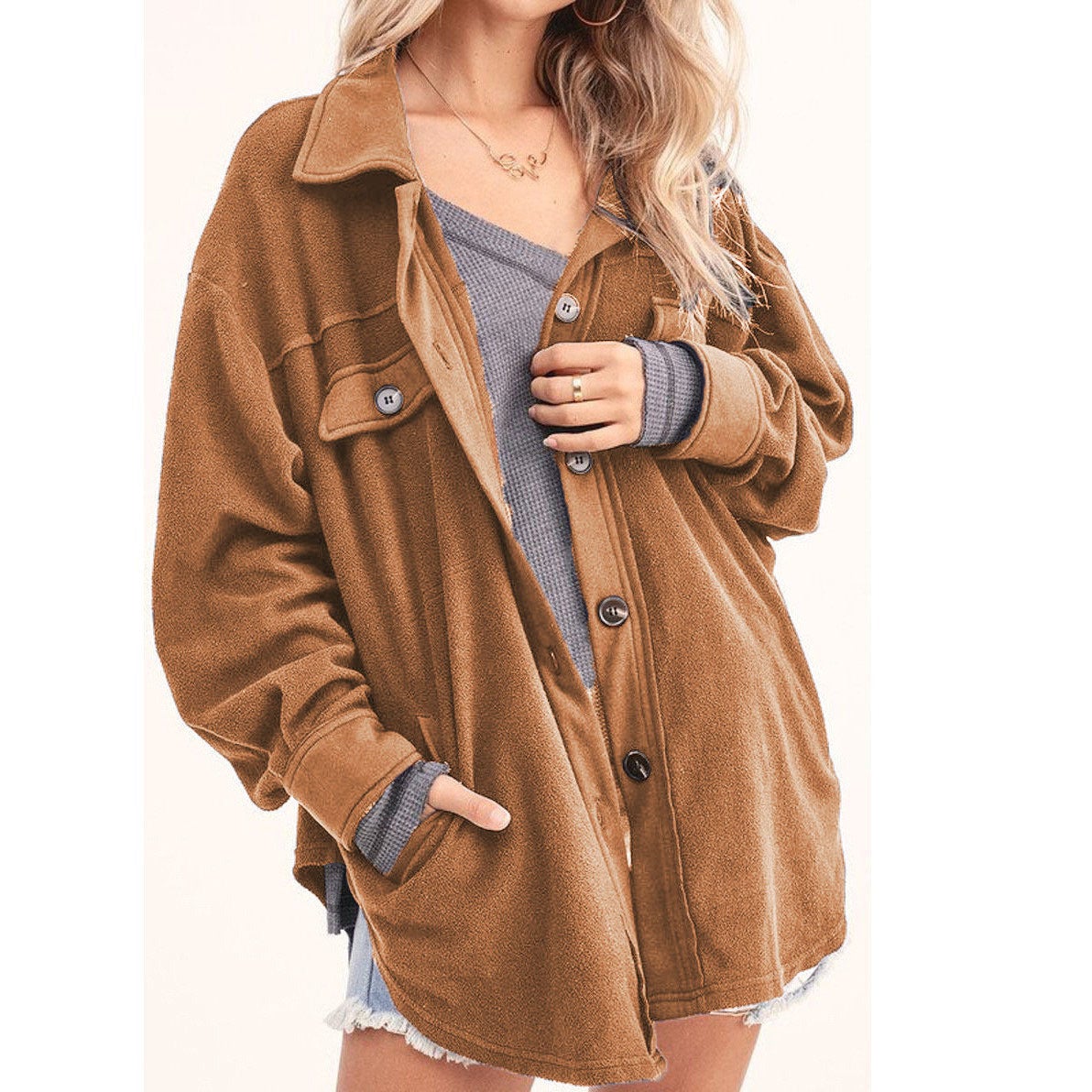  thdmladies New lapel fleece-breasted cardigan jacket shirt thedmladies
