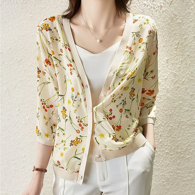 Flower Shift Silk-Chiffon Printed Casual Outerwear QueenFunky