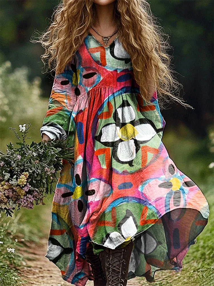 Women's Abstract Bright Floral Art Print Pocket Cotton Dress