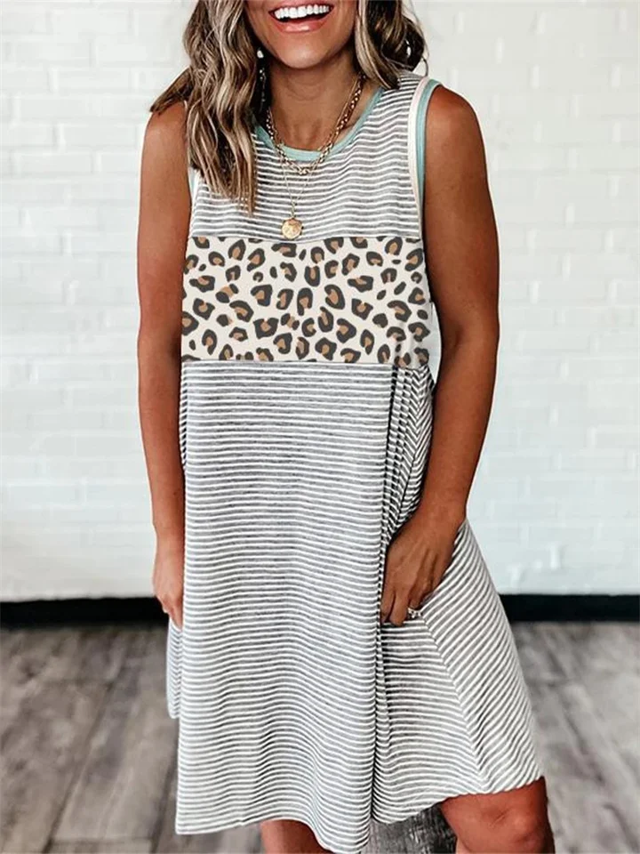 Leopard Print Stitching Striped Vest Ladies Dress