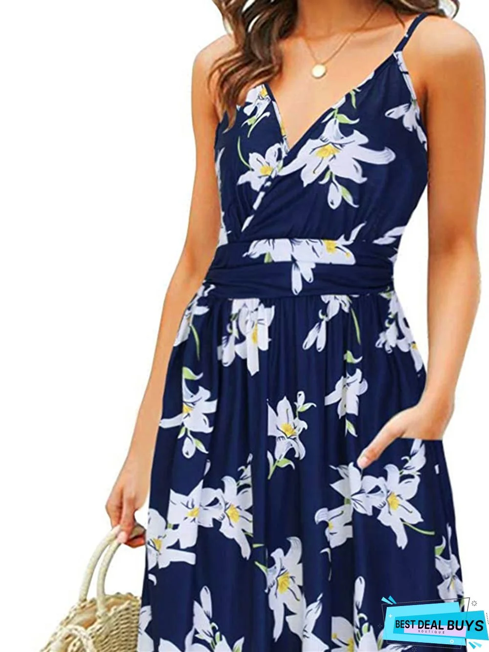 Printed Beach Skirt Loose Pocket Suspender Dress