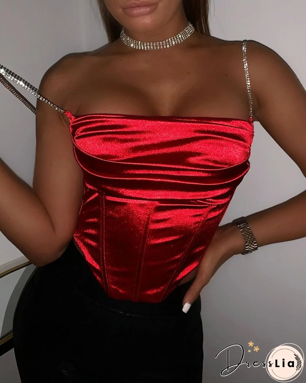 Studded Strap Satin Corset Top