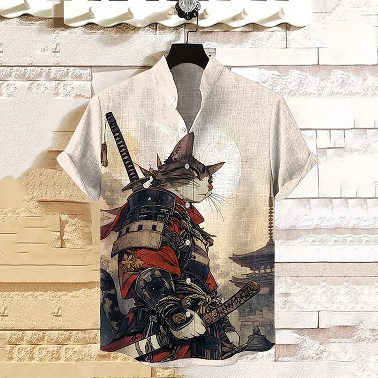 Men's Cat Warrior Guard With Knife Art Print Linen Blend Shirt