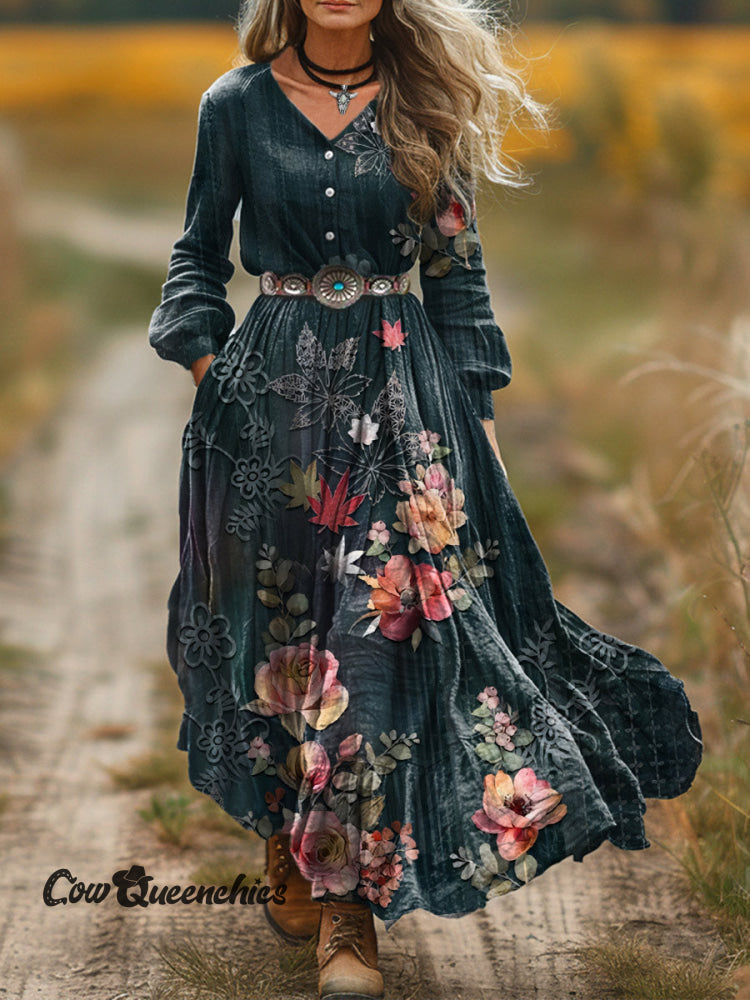 Women’s Elegant Rose Print V-Neck Button-Down Maxi Dress Green / S