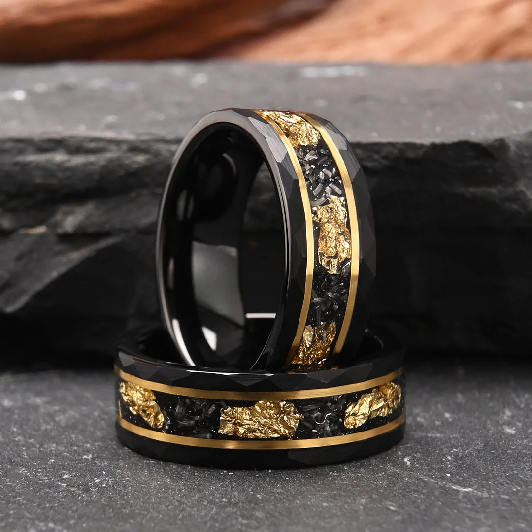 6MM 8MM Tungsten Carbide Wedding Rings Meteorite-set Gold Plate Flat Hammered Electrode Black Ring For Women And Men