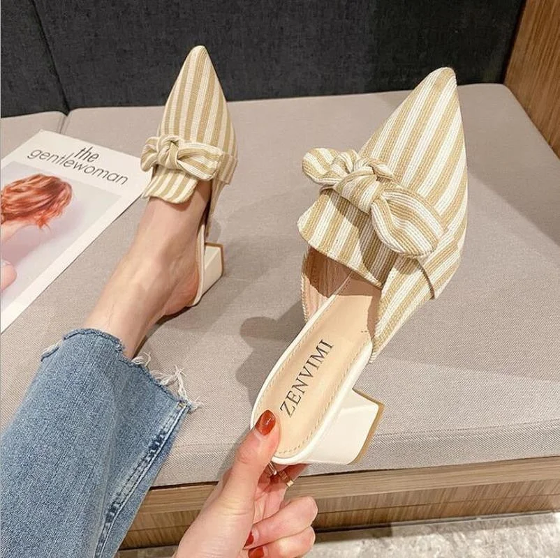 2021 Summer Women's Slippers Chic Women's Shoes Korean Silk Satin Pointed Bow Tie Slippers Baotou Flat Heel Sets Semi Slippers