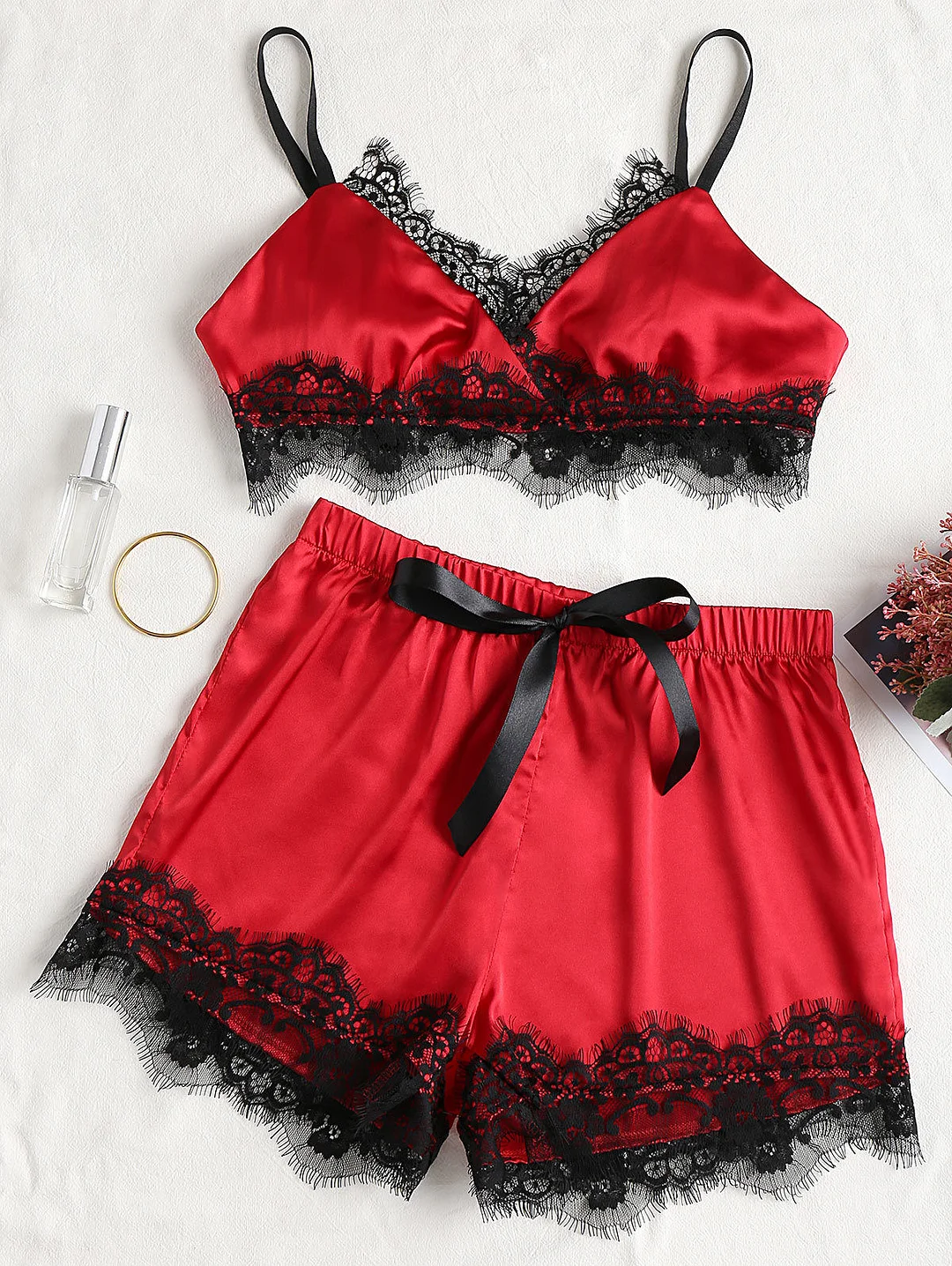 Billionm 2pcs Pajamas Sets Women Underwear Lace Satin Silk Pijama Summer Sleepwear Underwear Crop Tops and Shorts Outfits Set