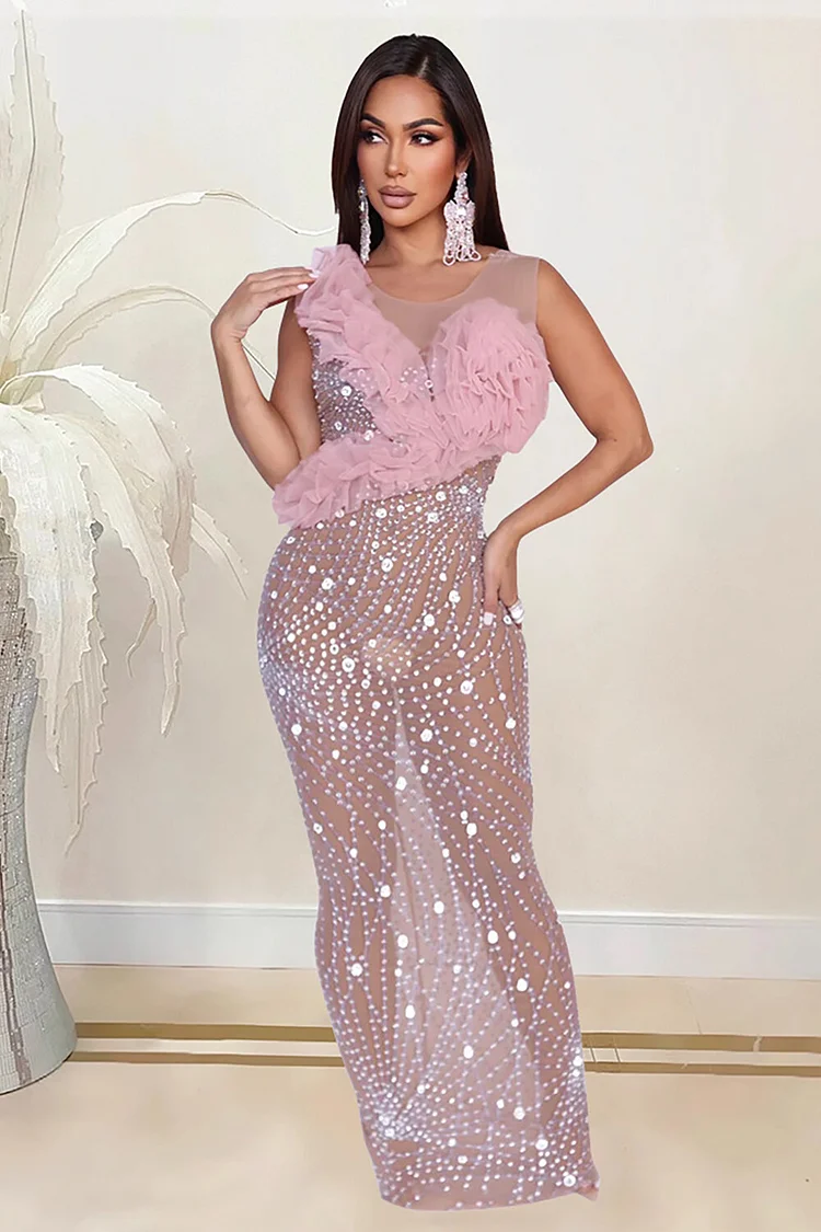 Tulle 3D Flower Decor Rhinestone Sheer Mesh Party Maxi Tank Dresses-Pink