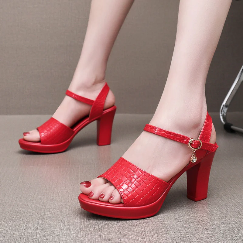 Breakj Breakj Skin Thick Heel Waterproof Table One-Word Sandals Size Code 32-43 Fashion Show-High-Heeled Sandals Shoes Women