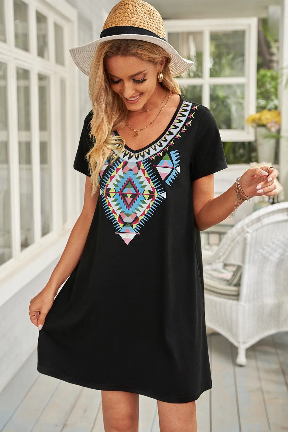 Buzzdaisy Boho Ethnic Print Short Sleeve Mini Dress