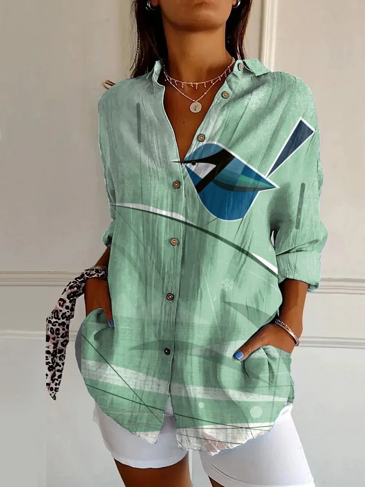 Vintage Bird Art Print Casual Long Sleeve Shirt