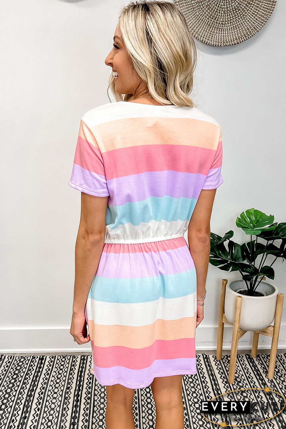 Multicolor Striped Drawstring V Neck T Shirt Dress