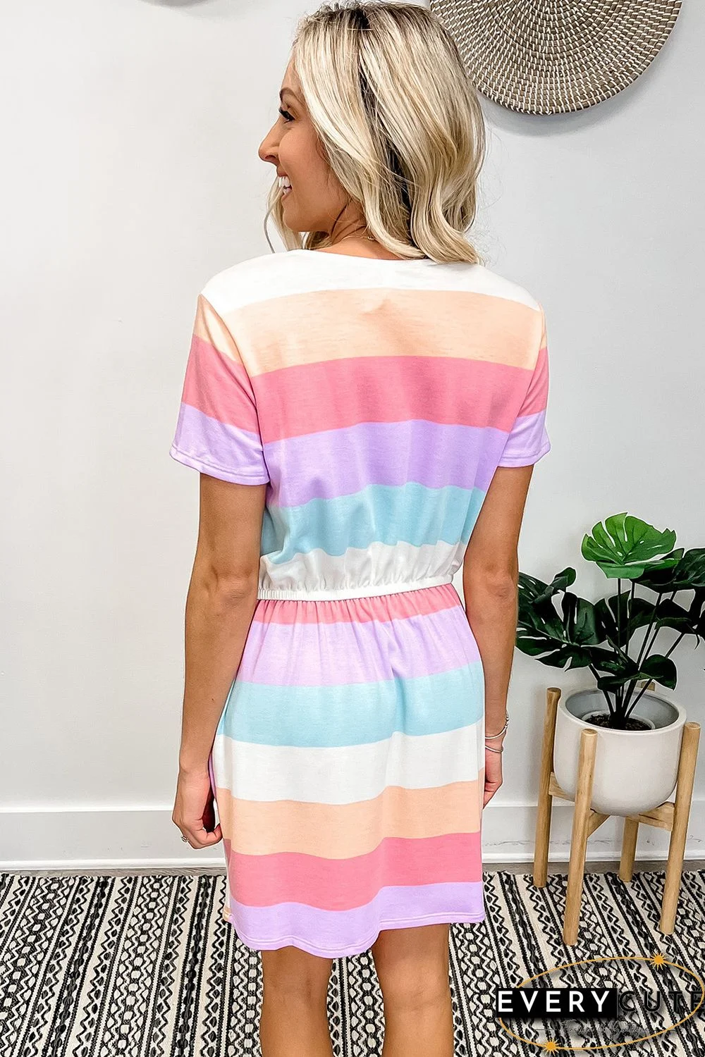 Multicolor Striped Drawstring V Neck T Shirt Dress