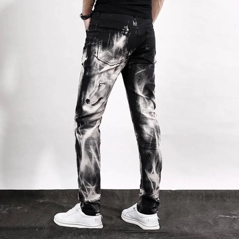Oocharger Men's fashion wolf printed jeans men slim straight Black stretch jeans high quality designer pants nightclubs singers