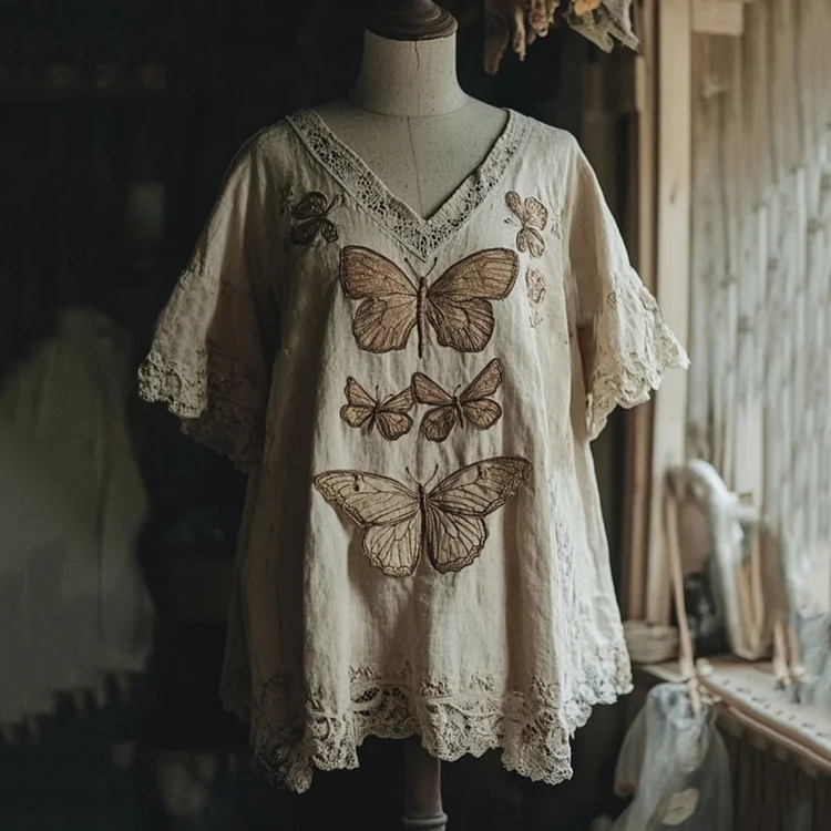 Lunivibe Vintage Butterfly And Dragonfly Embroidery Linen Art Lace Trim Women's Linen Shirt