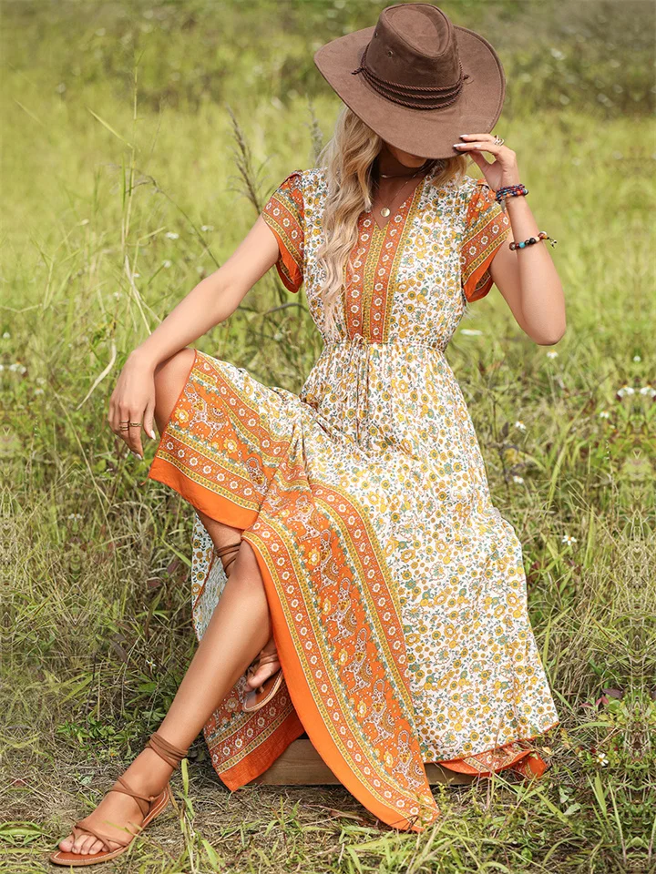 Spring and Summer New Women's Bohemian Vacation Round Neck Short-sleeved Printed Floral Umbrella Dress Fresh Sweet Dress