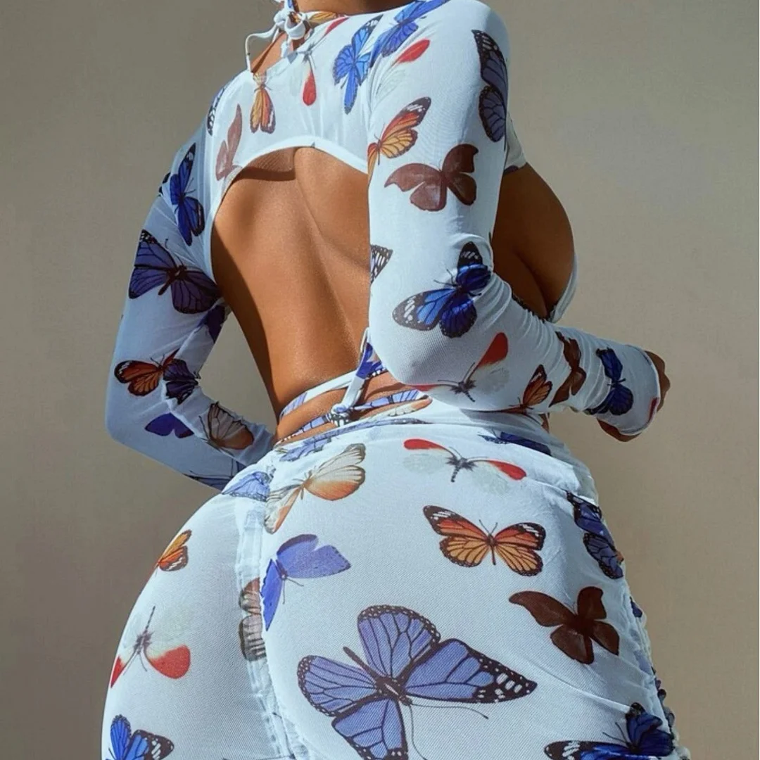 Uveng 2023 New Butterfly Print Drawstring Strap Sexy Four-Piece Swimsuit Bikini