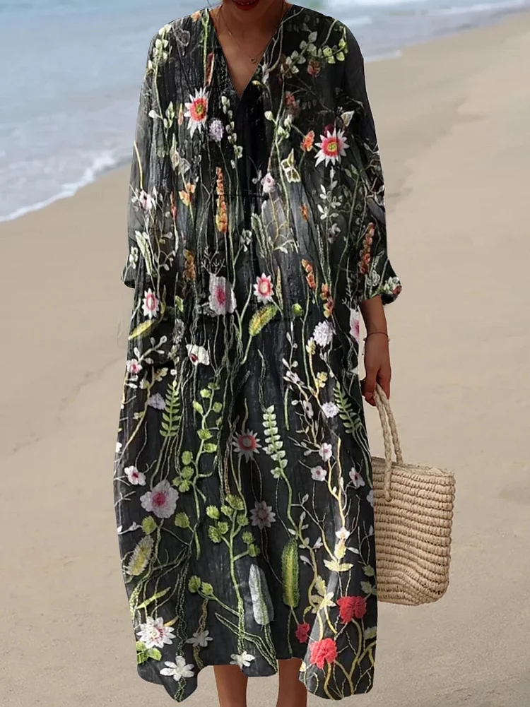 Women's Vintage Lovely Floral Art Print Cotton Dress