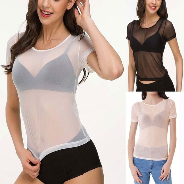 Plus Size Spring Summer Women Fantastic See-Through Short Sleeve Seamless Arm Shaper Top Mesh Shirt Blouse Transparent Punk Club Shirt Tees Beach Tops - Shop Trendy Women's Clothing | LoverChic